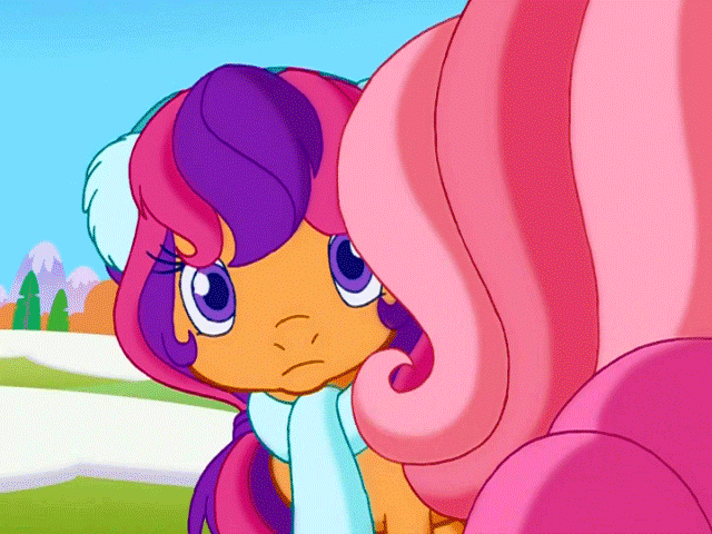Size: 640x480 | Tagged: safe, screencap, character:cheerilee (g3), character:pinkie pie (g3), character:rainbow dash (g3), character:scootaloo (g3), character:toola roola (g3), species:earth pony, species:pony, episode:twinkle wish adventure, g3.5, angry, animated, blep, blinking, clothing, cute, cutealoo, eye contact, female, filly, frown, head tilt, hot air balloon, leaning, looking at each other, raspberry, scarf, silly, sisters, tongue out