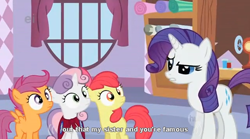 Size: 638x356 | Tagged: safe, screencap, character:apple bloom, character:rarity, character:scootaloo, character:sweetie belle, species:pegasus, species:pony, episode:stare master, g4, my little pony: friendship is magic, ei, hub logo, youtube caption