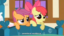 Size: 622x354 | Tagged: safe, screencap, character:apple bloom, character:scootaloo, species:pegasus, species:pony, episode:stare master, g4, my little pony: friendship is magic, ei, hub logo, youtube caption