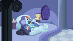 Size: 1280x720 | Tagged: safe, screencap, character:rainbow dash, species:pegasus, species:pony, episode:read it and weep, g4, my little pony: friendship is magic, bed, bedroom, book, female, mare, on back, rainbow dash's house, reading, solo, wallpaper