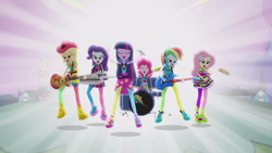 Size: 1276x720 | Tagged: safe, screencap, character:applejack, character:fluttershy, character:pinkie pie, character:rainbow dash, character:rarity, character:sunset shimmer, character:twilight sparkle, equestria girls:rainbow rocks, g4, my little pony:equestria girls, bass guitar, clothing, drums, guitar, jumping, keytar, lidded eyes, mane six, microphone, musical instrument, pantyhose, tambourine, the rainbooms