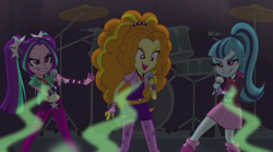 Size: 1280x710 | Tagged: safe, screencap, character:adagio dazzle, character:aria blaze, character:sonata dusk, equestria girls:rainbow rocks, g4, my little pony:equestria girls, amulet, drums, evil grin, female, gem, grin, jewelry, lidded eyes, microphone, negative energy, singing, siren gem, sleeveless, smiling, the dazzlings, trio, under our spell, wide eyes