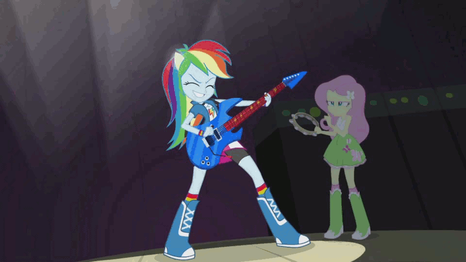 Size: 960x540 | Tagged: safe, screencap, character:fluttershy, character:rainbow dash, character:sunset shimmer, equestria girls:rainbow rocks, g4, my little pony:equestria girls, animated, dive, guitar, musical instrument, tambourine