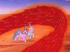 Size: 300x223 | Tagged: safe, screencap, species:pony, episode:the quest of the princess ponies, g1, my little pony 'n friends, animated, female, lava, lava surfing, lavan, mare, princess ponies, princess primrose, princess serena, surfing