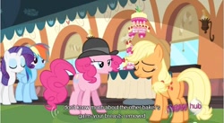 Size: 642x351 | Tagged: safe, screencap, character:applejack, character:pinkie pie, episode:mmmystery on the friendship express, g4, my little pony: friendship is magic, hub logo, youtube caption