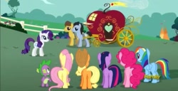 Size: 1136x580 | Tagged: safe, screencap, character:applejack, character:fluttershy, character:pinkie pie, character:rainbow dash, character:rarity, character:spike, character:twilight sparkle, species:dragon, species:earth pony, species:pegasus, species:pony, species:unicorn, episode:the best night ever, g4, my little pony: friendship is magic, apple carriage, blurry, carriage, discovery family logo, female, horses doing horse things, male, mane seven, mane six, mare, plot, stallion
