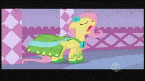 Size: 480x270 | Tagged: safe, screencap, character:fluttershy, character:rarity, episode:suited for success, g4, my little pony: friendship is magic, animated, clothing, dress, duo, flower, flower in hair, hub logo, subtitles