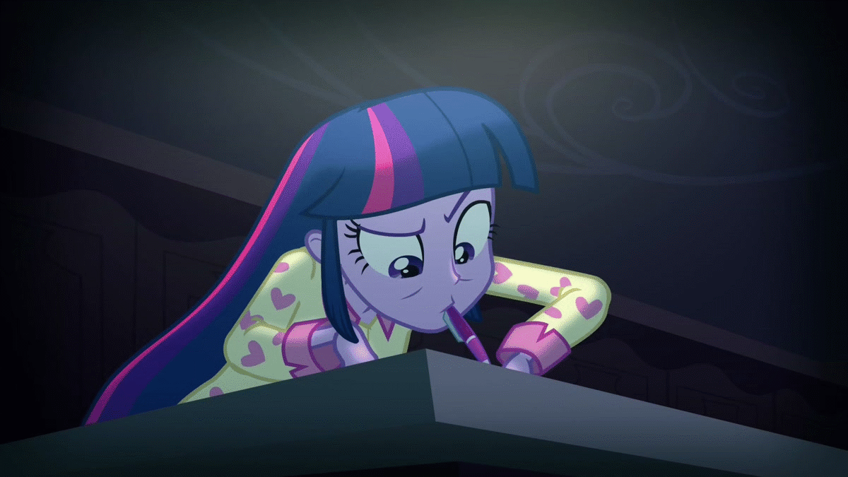 Size: 1200x675 | Tagged: safe, screencap, character:twilight sparkle, equestria girls:rainbow rocks, g4, my little pony:equestria girls, adorkable, animated, clothing, cute, dork, humans doing horse things, mouth drawing, mouth hold, pajamas, pen, raised eyebrow, solo, writing