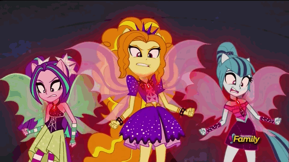 Size: 576x324 | Tagged: safe, screencap, character:adagio dazzle, character:aria blaze, character:sonata dusk, equestria girls:rainbow rocks, g4, my little pony:equestria girls, animated, bare shoulders, discovery family, discovery family logo, fin wings, floppy ears, oh crap, ponied up, sleeveless, the dazzlings