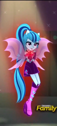 Size: 494x1080 | Tagged: safe, screencap, character:sonata dusk, equestria girls:rainbow rocks, g4, my little pony:equestria girls, cute, discovery family, discovery family logo, fin wings, floating, glow, ponied up, solo, sonatabetes