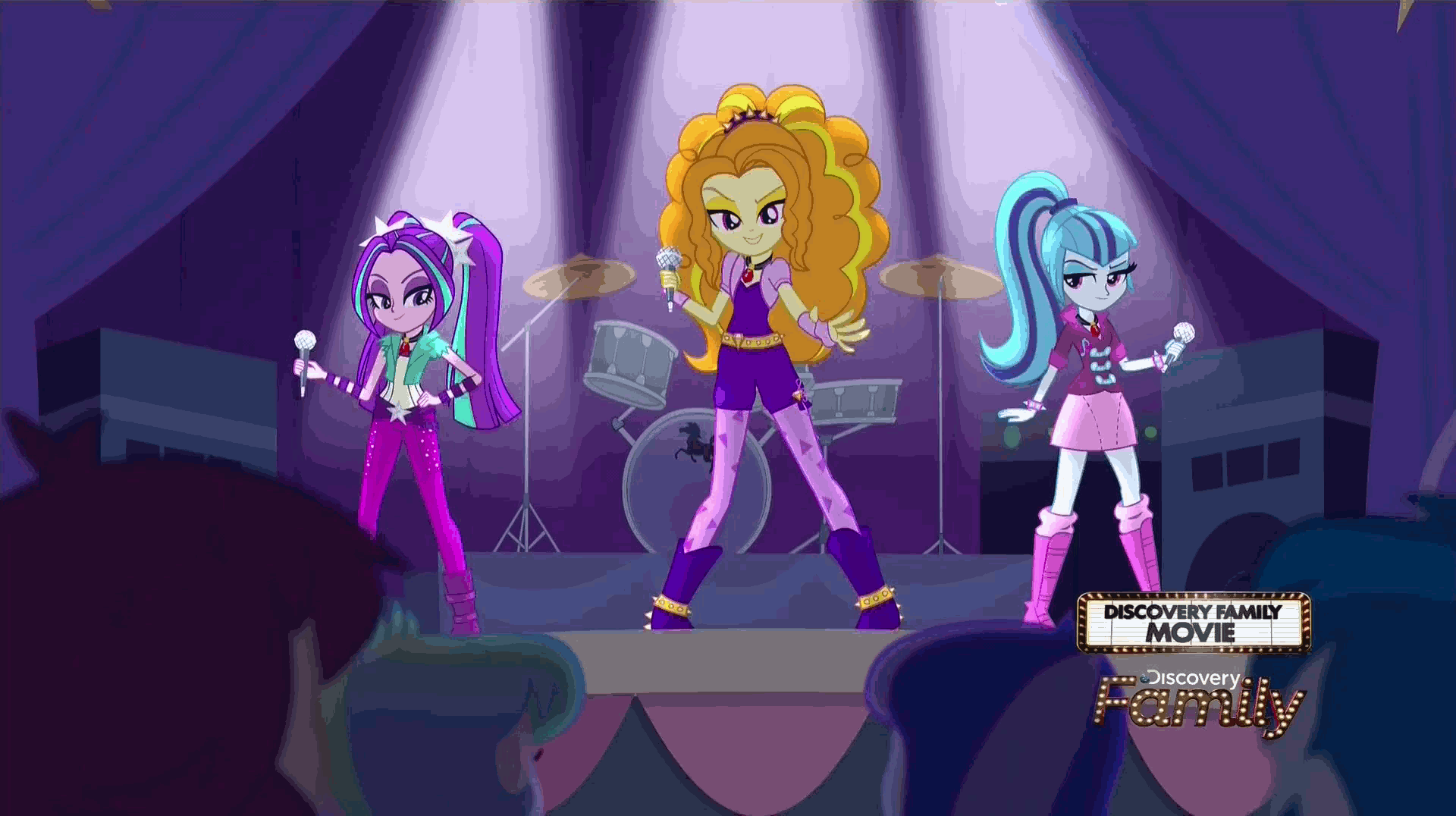 Size: 1920x1076 | Tagged: safe, screencap, character:adagio dazzle, character:aria blaze, character:princess celestia, character:princess luna, character:principal celestia, character:sonata dusk, character:vice principal luna, equestria girls:rainbow rocks, g4, my little pony:equestria girls, animated, discovery family, discovery family logo, the dazzlings, under our spell, vice principal luna