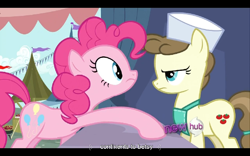 Size: 768x480 | Tagged: safe, screencap, character:pinkie pie, character:roma, episode:putting your hoof down, g4, my little pony: friendship is magic, hub logo, roma, youtube caption