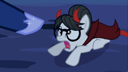Size: 1366x768 | Tagged: safe, screencap, character:princess luna, character:raven inkwell, episode:luna eclipsed, g4, my little pony: friendship is magic, clothing, costume, demon, devil horns, glasses, pointing, solo
