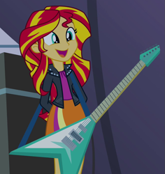 Size: 663x701 | Tagged: safe, screencap, character:sunset shimmer, equestria girls:rainbow rocks, g4, my little pony:equestria girls, cute, electric guitar, guitar, hands behind back, shimmerbetes, smiling, solo, sunset shredder, when she smiles