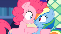Size: 1366x768 | Tagged: safe, screencap, character:pinkie pie, character:rainbow dash, equestria girls:rainbow rocks, g4, my little pony:equestria girls, book, boop, eye contact, frown, gritted teeth, holding, looking at each other, noseboop, poking, raised hoof, wide eyes