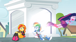 Size: 1366x768 | Tagged: safe, screencap, character:rainbow dash, character:sunset shimmer, character:twilight sparkle, character:twilight sparkle (alicorn), species:alicorn, equestria girls:rainbow rocks, g4, my little pony:equestria girls, book, exploitable meme, flying, football, frightened, gasp, journey book, looking at each other, meme, scared, twiscream