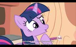 Size: 960x600 | Tagged: safe, screencap, character:twilight sparkle, episode:it's about time, g4, my little pony: friendship is magic, hub logo, youtube caption