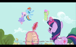 Size: 960x600 | Tagged: safe, screencap, character:merry may, character:rainbow dash, character:rainbowshine, character:twilight sparkle, episode:it's about time, g4, my little pony: friendship is magic, austria, hub logo, youtube caption