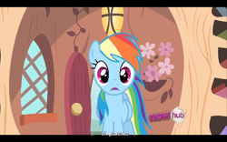 Size: 960x600 | Tagged: safe, screencap, character:rainbow dash, episode:it's about time, g4, my little pony: friendship is magic, hub logo, youtube caption