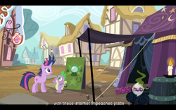 Size: 960x600 | Tagged: safe, screencap, character:spike, character:twilight sparkle, episode:it's about time, g4, my little pony: friendship is magic, hub logo, youtube caption