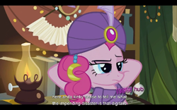 Size: 960x600 | Tagged: safe, screencap, character:pinkie pie, episode:it's about time, g4, my little pony: friendship is magic, hub logo, madame pinkie, youtube caption