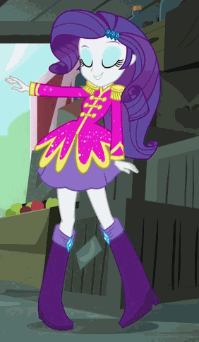 Size: 282x484 | Tagged: safe, screencap, character:rarity, equestria girls:rainbow rocks, g4, my little pony:equestria girls, animated, apple, boots, clothing, food, high heel boots, jewelry, raised leg, skirt, solo, sparkles, uniform