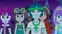 Size: 1280x714 | Tagged: safe, screencap, character:aqua blossom, character:blueberry cake, character:captain planet, character:microchips, character:mystery mint, character:normal norman, character:sandalwood, ship:normalcake, equestria girls:rainbow rocks, g4, my little pony:equestria girls, background human, blueberry cake, golden hazel, shipping, thunderbass