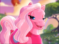Size: 640x473 | Tagged: safe, screencap, character:pinkie pie, species:pony, g3, commercial, female, lidded eyes, mare, open mouth, rainbow, tree