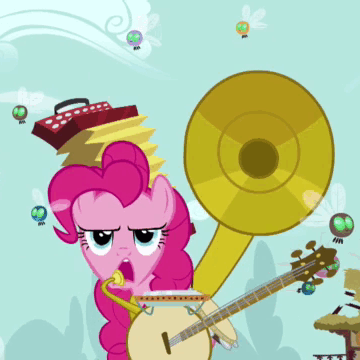 Size: 360x360 | Tagged: safe, screencap, character:pinkie pie, species:earth pony, species:pony, episode:swarm of the century, g4, my little pony: friendship is magic, accordion, animated, banjo, cropped, cymbals, female, harmonica, mare, musical instrument, one-pony band, parasprite, puffy cheeks, solo, sousaphone, tambourine, tuba