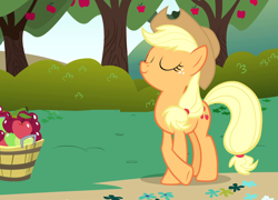Size: 1502x1080 | Tagged: safe, screencap, character:applejack, episode:friendship is magic, g4, my little pony: friendship is magic, apple, apple tree, barrel, clothing, cowboy hat, eyes closed, hat, smiling, solo, stetson, tree