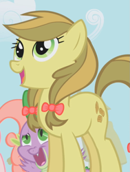 Size: 543x719 | Tagged: safe, screencap, character:apple strudely, character:spike, species:earth pony, species:pony, episode:friendship is magic, g4, my little pony: friendship is magic, apple family member, background pony, bow, cropped, female, hair bow, mare, open mouth, solo focus
