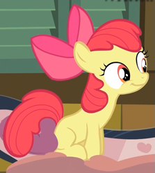 Size: 637x715 | Tagged: safe, screencap, character:apple bloom, species:earth pony, species:pony, episode:pinkie apple pie, g4, my little pony: friendship is magic, adorabloom, bow, cropped, cute, female, filly, hair bow, sitting, smiling, solo