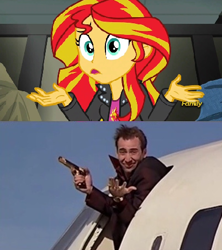 Size: 402x452 | Tagged: safe, screencap, character:sunset shimmer, equestria girls:rainbow rocks, g4, my little pony:equestria girls, castor troy, face/off, nicolas cage, shrug, shrugset shimmer