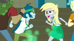 Size: 1280x714 | Tagged: safe, screencap, character:captain planet, character:derpy hooves, character:sandalwood, equestria girls:rainbow rocks, g4, my little pony:equestria girls, background human, brawly beats, camrip, come at me bro, eco kids, imminent fight