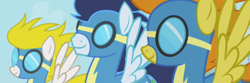 Size: 750x250 | Tagged: safe, screencap, character:blaze, character:soarin', character:surprise, episode:the ticket master, g4, my little pony: friendship is magic, wonderbolts, wonderbolts uniform
