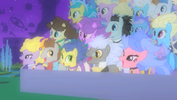 Size: 1280x720 | Tagged: safe, screencap, character:bruce mane, character:caesar, character:daisy, character:diamond mint, character:eclair créme, character:fine line, character:lemony gem, character:lyrica lilac, character:minuette, character:north star (g4), character:orion, character:royal ribbon, character:serena, character:spring forward, character:star gazer, species:earth pony, species:pony, species:unicorn, episode:the best night ever, g4, my little pony: friendship is magic, after, background pony, choker, clothing, dress, female, jewelry, male, mare, masquerade, messy mane, necklace, pearl necklace, romana, saddle, skirt, stallion, tack