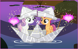 Size: 2040x1300 | Tagged: safe, artist:alexlayer, screencap, character:scootaloo, character:sweetie belle, species:pegasus, species:pony, ship:scootabelle, boat, clothing, female, hat, lesbian, paper boat, paper hat, shipping