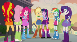 Size: 1280x714 | Tagged: safe, screencap, character:applejack, character:fluttershy, character:pinkie pie, character:rainbow dash, character:rarity, character:sunset shimmer, character:twilight sparkle, character:twilight sparkle (alicorn), species:alicorn, equestria girls:rainbow rocks, g4, my little pony:equestria girls, balloon, boots, clothing, high heel boots, humane seven, humane six, jewelry, lidded eyes, mane six, skirt