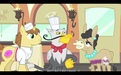 Size: 960x600 | Tagged: safe, screencap, character:donut joe, character:gustave le grande, species:griffon, episode:mmmystery on the friendship express, g4, my little pony: friendship is magic, gustave le grande, hub logo, meme, mulia mild, youtube caption