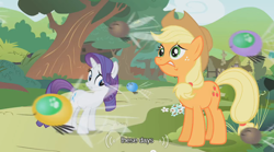 Size: 500x277 | Tagged: safe, screencap, character:applejack, character:rarity, parasprite, youtube caption