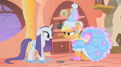 Size: 500x277 | Tagged: safe, screencap, character:applejack, character:rarity, bdsm, clothing, dress, dressup, froufrou glittery lacy outfit, hat, hennin, text, wet, wet mane, wet mane rarity, youtube caption