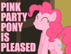 Size: 800x600 | Tagged: safe, screencap, character:pinkie pie, episode:baby cakes, g4, my little pony: friendship is magic, alliteration, caption, eyes closed, grin, happy, image macro, pink text, pleased, reaction image, smiling, solo
