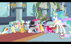 Size: 960x600 | Tagged: safe, screencap, character:applejack, character:fluttershy, character:pinkie pie, character:princess celestia, character:rainbow dash, character:rarity, character:spike, character:twilight sparkle, episode:a canterlot wedding, g4, my little pony: friendship is magic, bridesmaid dress, clothing, dress, mane seven, youtube caption
