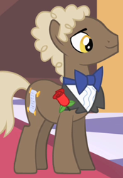 Size: 297x429 | Tagged: safe, screencap, character:sealed scroll, species:earth pony, species:pony, episode:the best night ever, g4, my little pony: friendship is magic, background pony, clothing, cropped, male, solo, stallion, suit