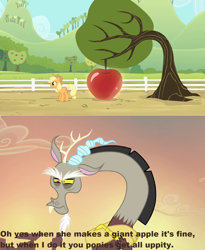 Size: 1280x1560 | Tagged: safe, screencap, character:applejack, character:discord, species:draconequus, species:earth pony, species:pony, episode:bats!, episode:three's a crowd, g4, my little pony: friendship is magic, apple, apple tree, bent over, dragonball z abridged, female, food, giant apple, image macro, male, mare, meme, tree
