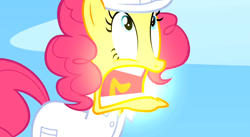 Size: 1920x1050 | Tagged: safe, screencap, character:pinkie pie, species:earth pony, species:pony, episode:sonic rainboom, g4, my little pony: friendship is magic, faec, female, glow, hard hat, hat, looking up, mare, open mouth, solo, weather factory uniform, yellow, yellow face