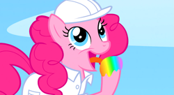 Size: 1099x597 | Tagged: safe, screencap, character:pinkie pie, species:earth pony, species:pony, episode:sonic rainboom, g4, my little pony: friendship is magic, female, hard hat, hat, hoof licking, licking, liquid rainbow, mare, open mouth, rainbow, solo, tongue out, weather factory uniform