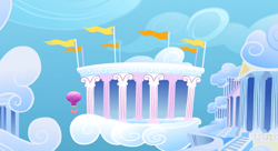 Size: 1099x597 | Tagged: safe, screencap, episode:sonic rainboom, g4, my little pony: friendship is magic, background, cloud, cloudiseum, cloudsdale, cloudy, hot air balloon, no pony, twinkling balloon