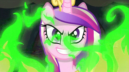 Size: 500x281 | Tagged: safe, screencap, character:princess cadance, character:queen chrysalis, species:changeling, episode:a canterlot wedding, g4, my little pony: friendship is magic, animated, disguise, disguised changeling, faec, fake cadance, fire