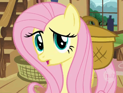 Size: 517x392 | Tagged: safe, screencap, character:fluttershy, species:pegasus, species:pony, animated, eyebrow wiggle, female, fluttershy's cottage, gif, indoors, looking at you, mare, open mouth, saddle basket, solo